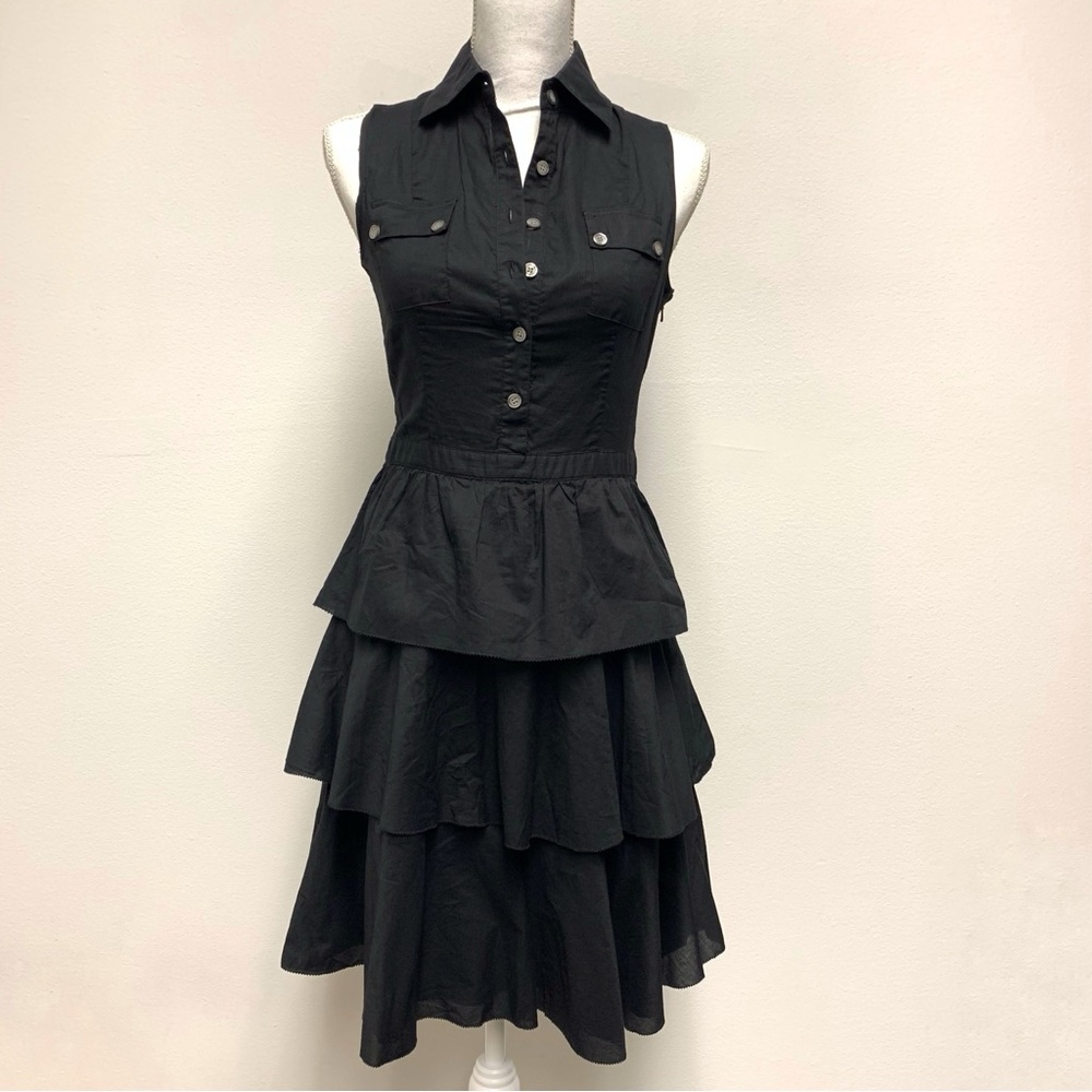 Worth Sleeveless Polo‎ Tiered Ruffle Shirt Dress Size 2 Black Cotton Sundress